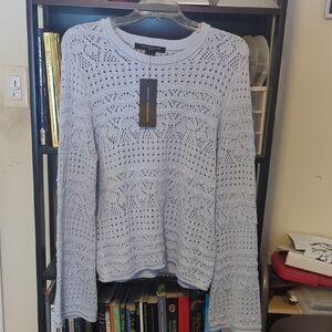 French Connection Sky Blue Crochet Bell Sleeve Sweater
